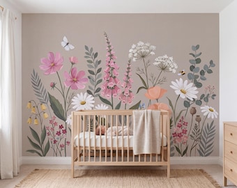 Nelly Wildflower Nursery Wallpaper, Floral Wall Mural, Wildflower Wallpaper, Baby Girl Nursery, Botanical Wallpaper, Peel and Stick
