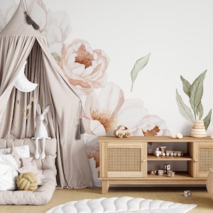 Peony Blush and Neutral Border Flowers Peel and Stick or Traditional Wallpaper Mural