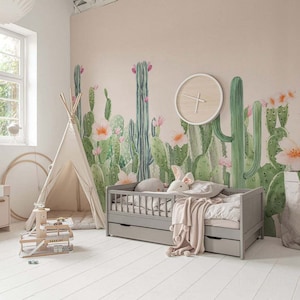 Peel and Stick or Traditional Wallpaper CACTUS Blossom Wall MURAL Watercolour Flower Pink Peach