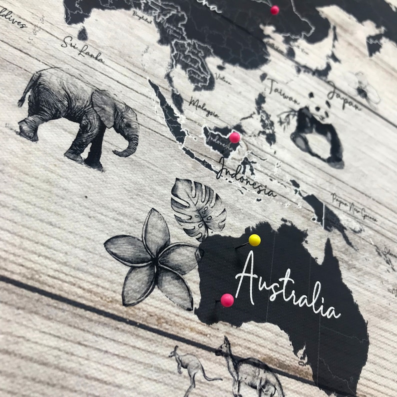 Personalised World Travel Push Pin Map- Wood Effect + Colour Options - 100 free pins