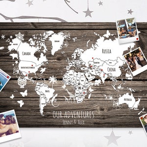 Gepersonaliseerde World Travel Push Pin Map - Houteffect + Kleuropties - 100 gratis pins
