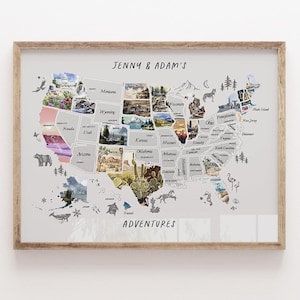 May include: Framed map of the United States with state outlines and illustrations. The map is labelled "JENNY & ADAM'S ADVENTURES" and features a wooden frame. The map is a light grey colour.