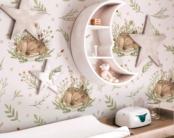 Peel and Stick or Traditional Deer Fawn Woodland Nursery Wallpaper Temporary Removable - Forest Animal Patterns