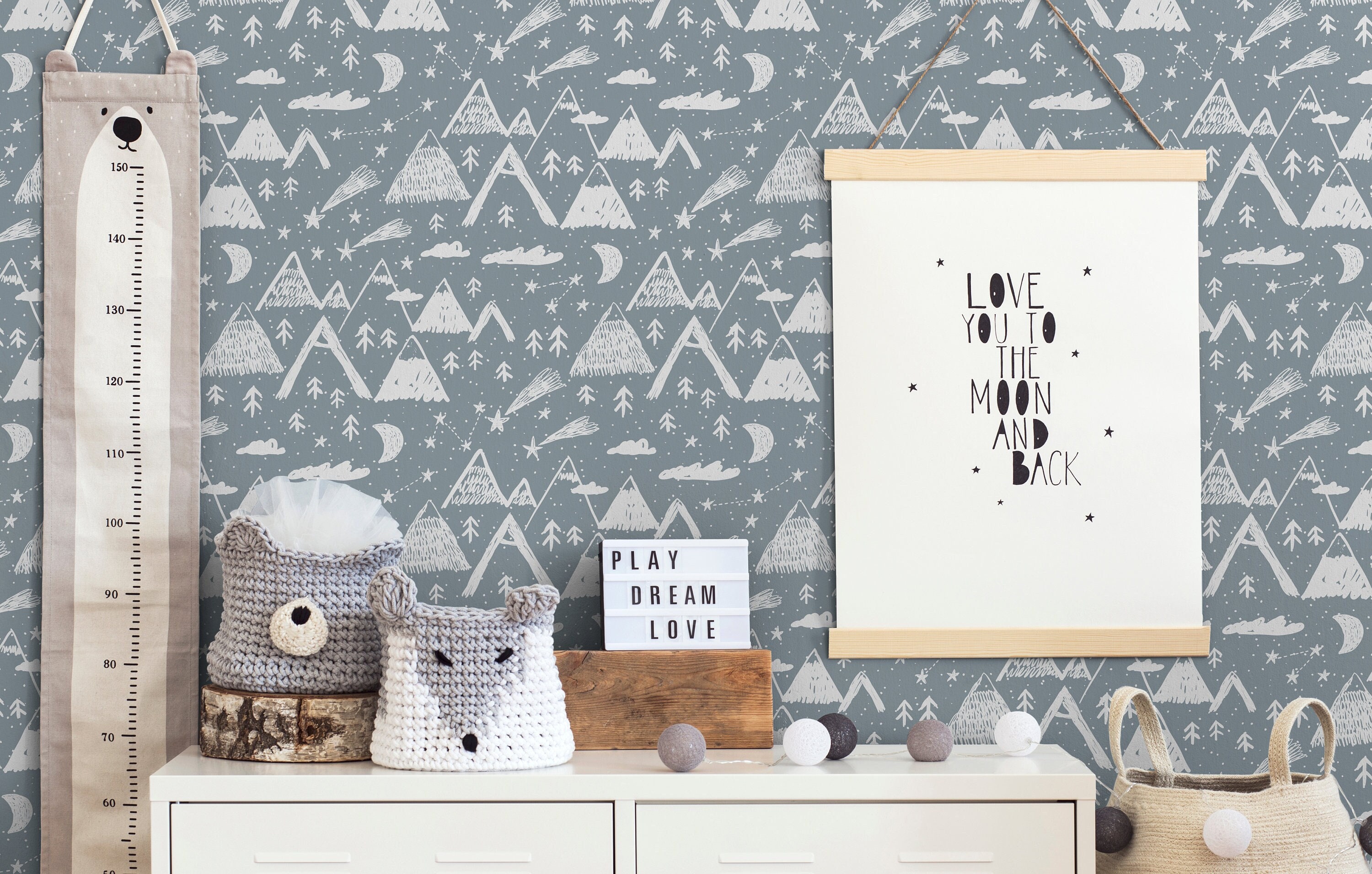 Mural de pared con montañas escandinavas, luna y árboles con estrellas, papel tapiz extraíble, despegable y pegable, tradicional, autoadhesivo, decoración de pared