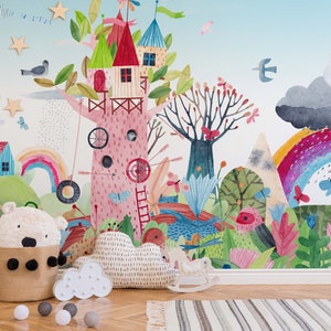 Magical Rainbow Childrens Painting Peel and Stick and Tradtional Wall Mural wallpaper| Kids Room Playroom Decor Art