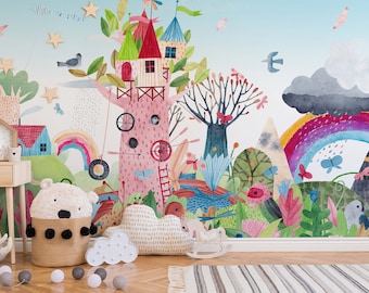 Magical Rainbow Childrens Painting Peel and Stick and Tradtional Wall Mural wallpaper| Kids Room Playroom Decor Art