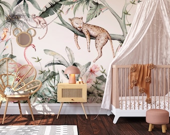 Jungle Safari Animals Wall Mural | Peel & Stick Nursery Wallpaper | Lion Elephant Giraffe Kids Bedroom Feature Wall | Removable Wallpaper