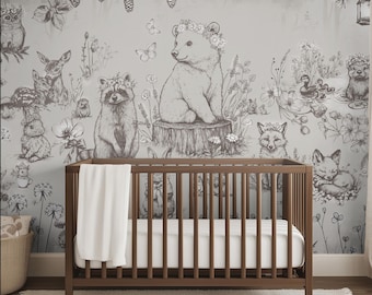Woodland Forest Animals Wallpaper Mural | Nursery Peel & Stick Wallpaper | Fox Rabbit Bear Baby Room Decor | Neutral Beige Wall Mural