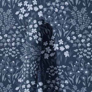Painted Wildflower Meadow Flowers Peel and Stick or Traditional Wallpaper Wall Mural - Dark Blue Navy Cobalt