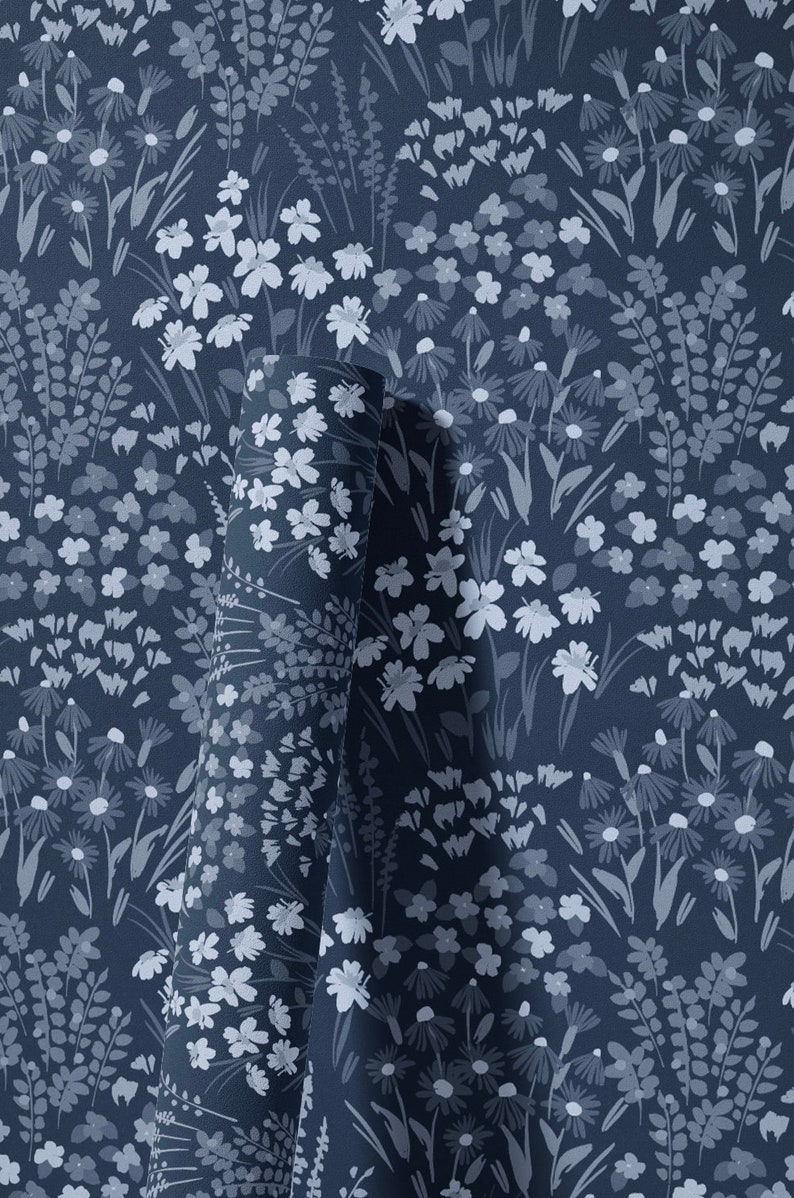 Painted Wildflower Meadow Flowers Peel and Stick or Traditional Wallpaper Wall Mural - Dark Blue Navy Cobalt