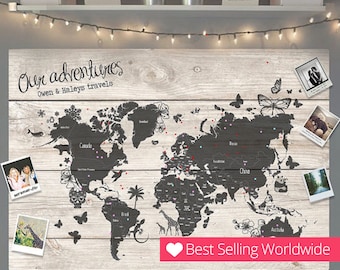 Personalised World Travel Push Pin Map - Wood Effect + Colour Options - 100 free pins