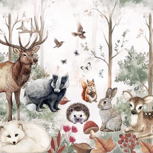 NEW! Peel and Stick or Traditional Woodland Forest Animals Nursery Baby Removable Wallpaper - Trees Bear Mountains Deer Rabbit Flowers Fox
