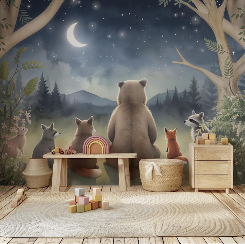 Peel and Stick Starry Night Sky Wall Mural | Stargazing Animals Nursery ...