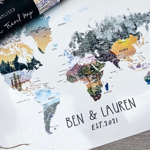 Personalised Scratch Off Map Hand drawn Watercolour World Atlas -BLACK OUTLINE MATTE version