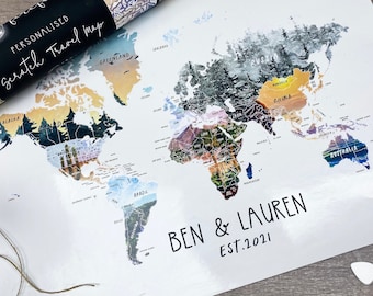 Personalised Scratch Off Map Hand drawn Watercolour World Atlas -BLACK OUTLINE MATTE version