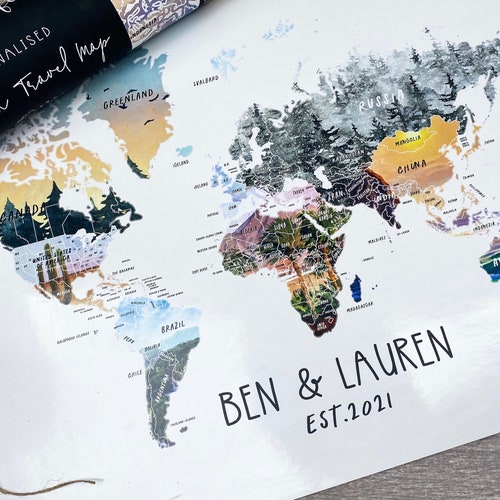 Mapa rasca y gana personalizado, atlas mundial dibujado a mano con acuarelas