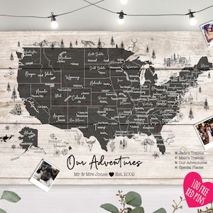 Personalisierte USA Travel Push Pin Karte Detailiert mit Tieren - Holzeffekt + Farboptionen - 100 gratis Pins - 100 gratis Pins