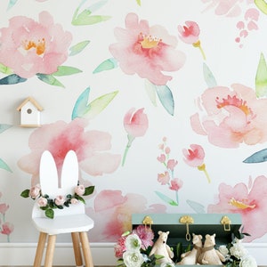 Peel and Stick or Traditional Wallpaper Watercolour Flower Peach and Pink Flowers - FLORAL WATERCOLOUR PATTERN