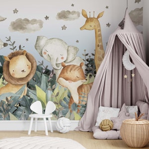 NOVITÀ! Carta da parati rimovibile per bambini con animali da safari nella giungla tradizionale o da staccare e attaccare - Cucciolo di leone, elefante, giraffa, pappagallo