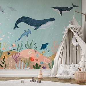 NOVITÀ! Peel and Stick / Tradizionale By The Sea Ocean Animals Nursery Baby Boy Carta da parati rimovibile - Balena Delfino Pesce Cavalluccio marino Genere neutro