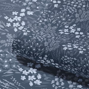 Painted Wildflower Meadow Flowers Peel and Stick or Traditional Wallpaper Wall Mural - Dark Blue Navy Cobalt