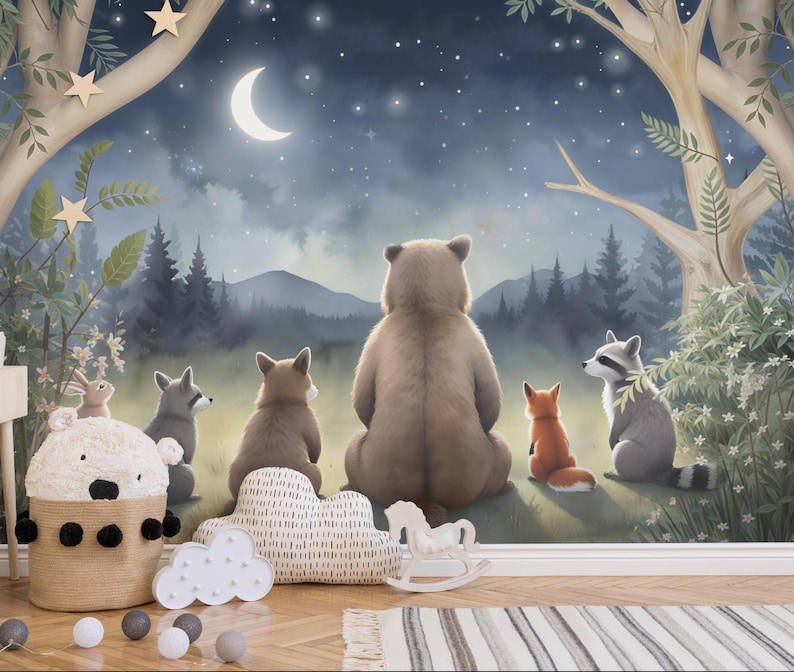 Peel and Stick Starry Night Sky Wall Mural | Stargazing Animals Nursery ...