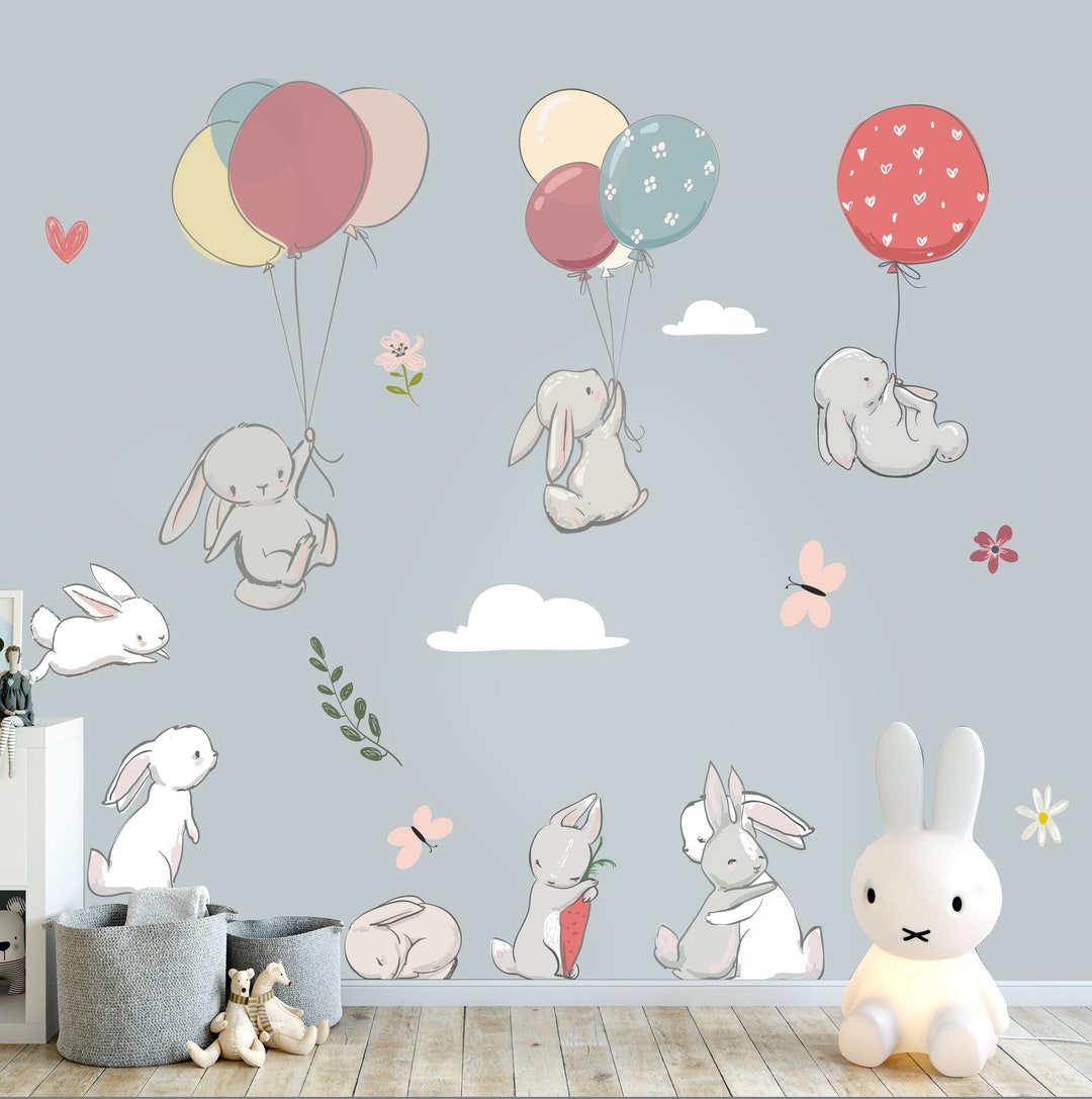 FABRIC Cute Bunny With Balloons Nursery Wall Stickers / Decals Etsy