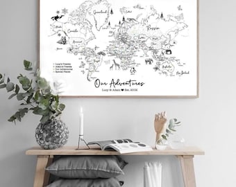 Personalised World Travel Push Pin Map Framed WITH ANIMALS