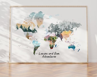 A1 LARGE Personalised Scratch Off Map Hand drawn Watercolour World Atlas - POSTER no frame