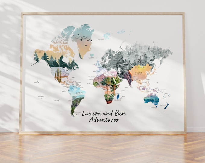 A1 LARGE Personalised Scratch Off Map Hand drawn Watercolour World Atlas - POSTER no frame