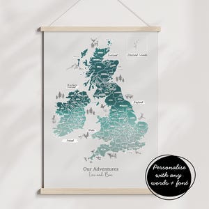 Gepersonaliseerde kraskaart handgetekende aquarel UK KAART van Engeland Ierland Schotland - Sea Spray kleuren