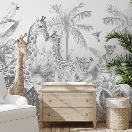 Monochrome Dschungel Safari Wandbild | Schwarz weiß Kinderzimmer Tapete | Tier Feature Wand | Elefant Löwe Giraffe Dekor