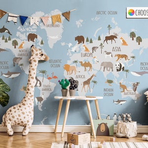 Abnehmbare Landkarte Atlas Welt Tier Schälen und Stick oder Traditionelle Tapete- Elefant Giraffe Papagei Kinderzimmer Tapete Tiger Temporär