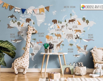 Removable Map Atlas World Animal Peel and Stick or Traditional Wallpaper- Elephant Giraffe Parrot Nursery Wallpaper Tiger Temporary