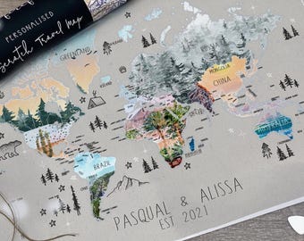 Personalised Camping Sketches Edition - Scratch Off Map Hand drawn Illustrated World Atlas