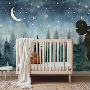 Peel and Stick and Traditional Starry Night Sky Wall Mural Nursery Bedroom Wallpaper - Stars Cresent Moon Clouds