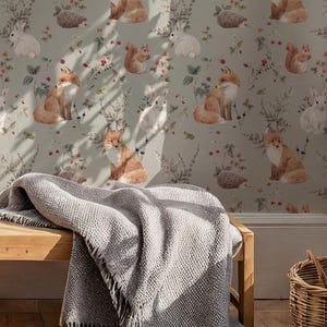 Peel and Stick or Traditional Woodland Forest Animals Nursery Baby Removable Wallpaper - Trees Bear Mountains Deer Rabbit Flowers Fox