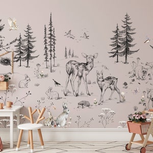 NEW! Peel and Stick or Traditional Woodland Forest Animals Nursery Baby Removable Wallpaper - Trees Bear Mountains Deer Rabbit Flowers Fox