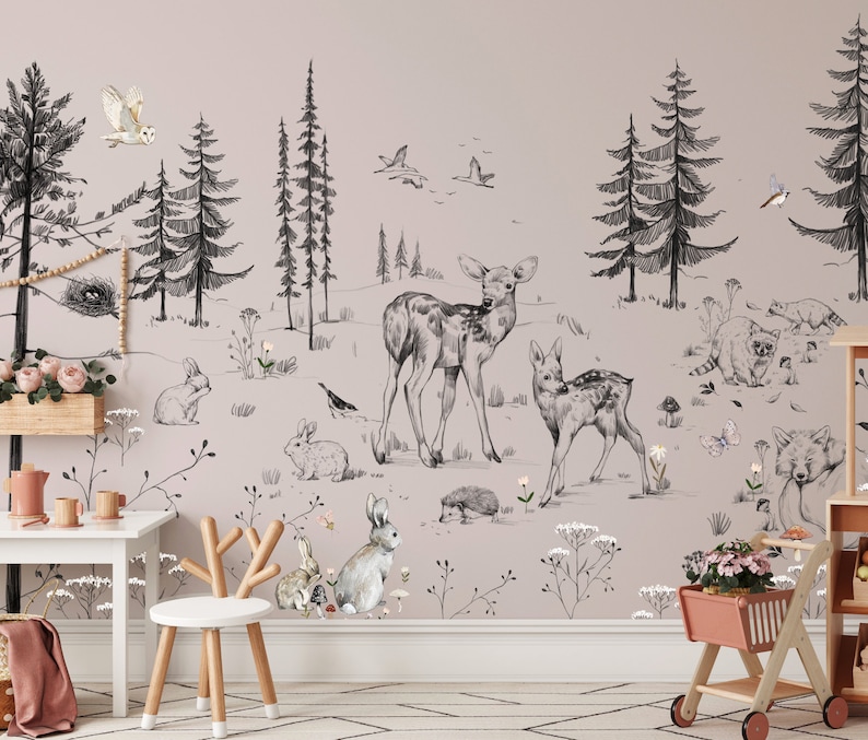 Woodland Forest Animals Wall Mural | Peel & Stick Nursery Wallpaper ...