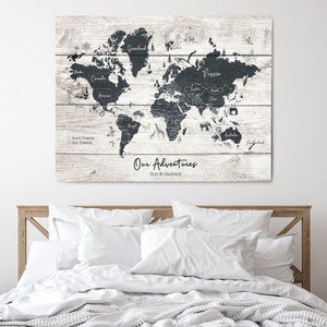 Personalised World Travel Push Pin Map- Wood Effect + Colour Options - 100 free pins