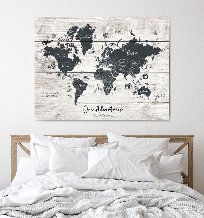 Personalised World Travel Push Pin Map- Wood Effect + Colour Options - 100 free pins