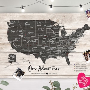 Personalisierte USA Reise Pin Karte detailliert - Holz Effekt + Farboptionen - 100 gratis Pins - 100 gratis Pins