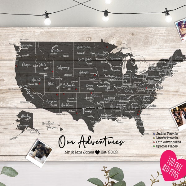 Gepersonaliseerde USA Travel Push Pin Kaart Gedetailleerd - Houteffect + Kleuropties - 100 gratis pins - 100 gratis pins