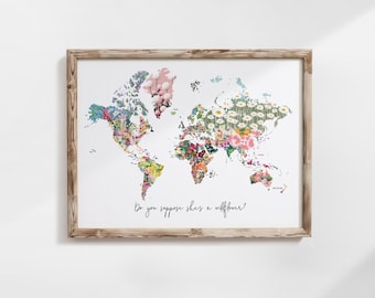 Personalisierte Rubbelkarte, handgezeichneter Aquarell Weltatlas - BLUMEN FLORALE EDITION