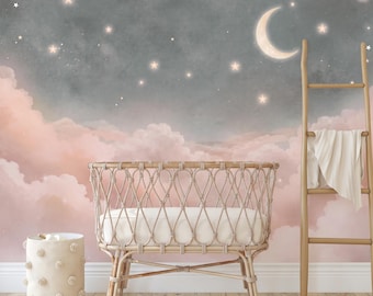 Pink Soft Starry Night Sky Wall Mural – Clouds, Moon, Stars Nursery Wallpaper