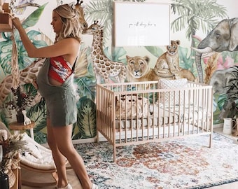 Jungle Safari Wallpaper Mural | Peel & Stick Nursery Wallpaper | Lion Elephant Giraffe Baby Room Decor | Neutral Animal Wall Mural