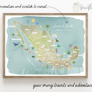 Könnte beinhalten: Eine gerahmte Karte von Mexiko mit Aquarellillustrationen und dem Text "Laura & Jack's Adventures in Mexico". Die Karte zeigt Rubbelbereiche und dekorative Symbole, mit dem Text "personalise and scratch to reveal..." und "your many travels and adventures..."