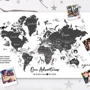 Gepersonaliseerde World Travel Push Pin Map - Houteffect + Kleuropties - 100 gratis pins