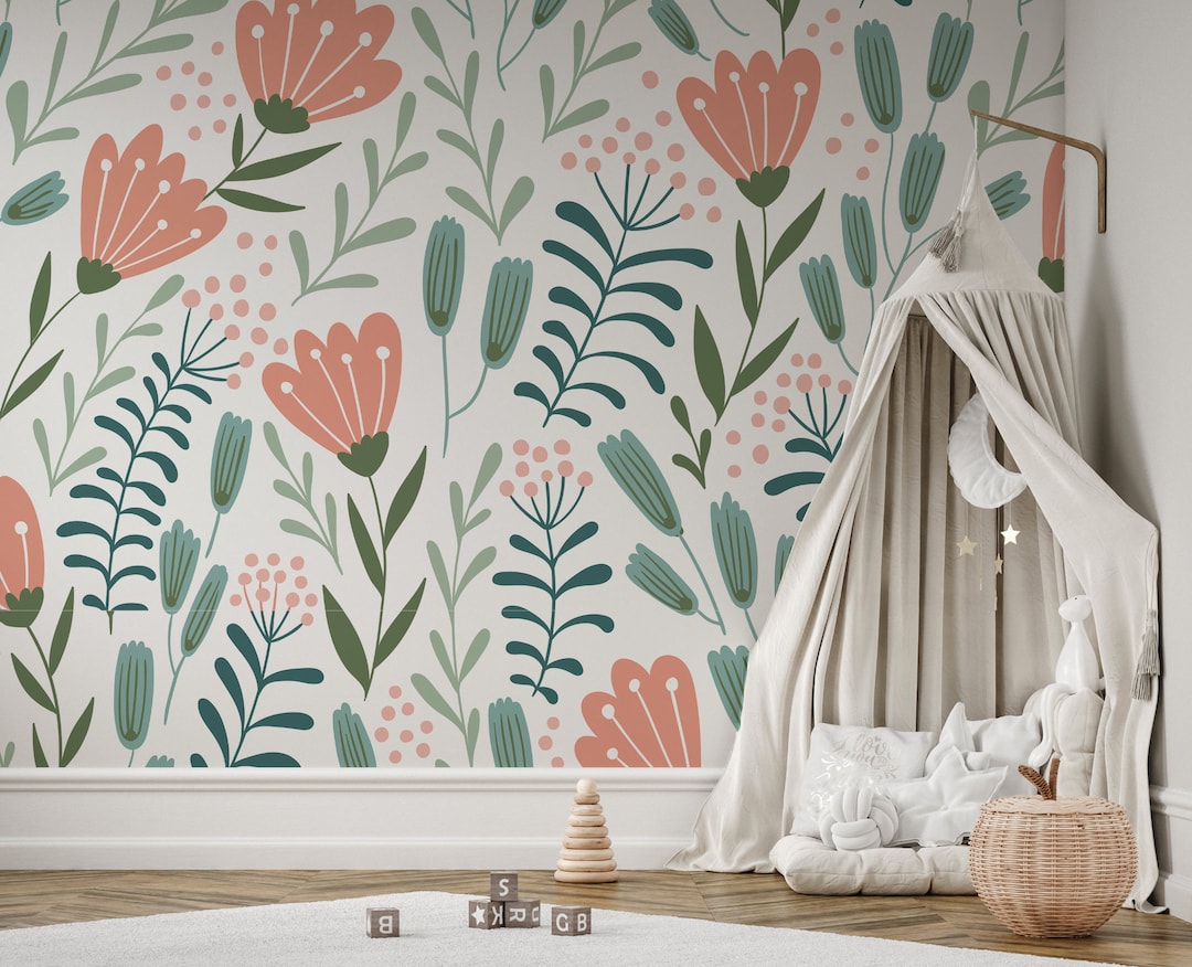 Peel and Stick or Traditional Nursery Wallpaper - Scandi Nordic Tulip ...