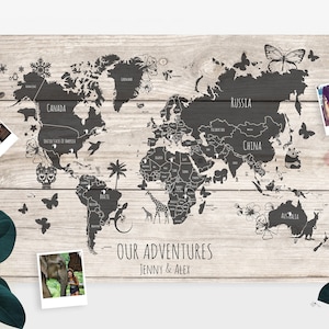 Personalised World Travel Push Pin Map - Wood Effect + Colour Options - 100 free pins